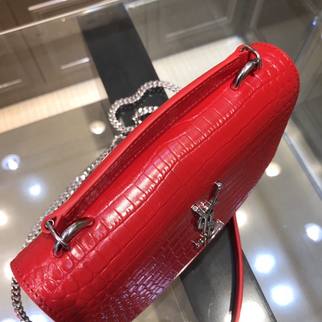 Saint Laurent Sunset Crocodile Embossed Calfskin Handbag Shoulder Bag Red 533026